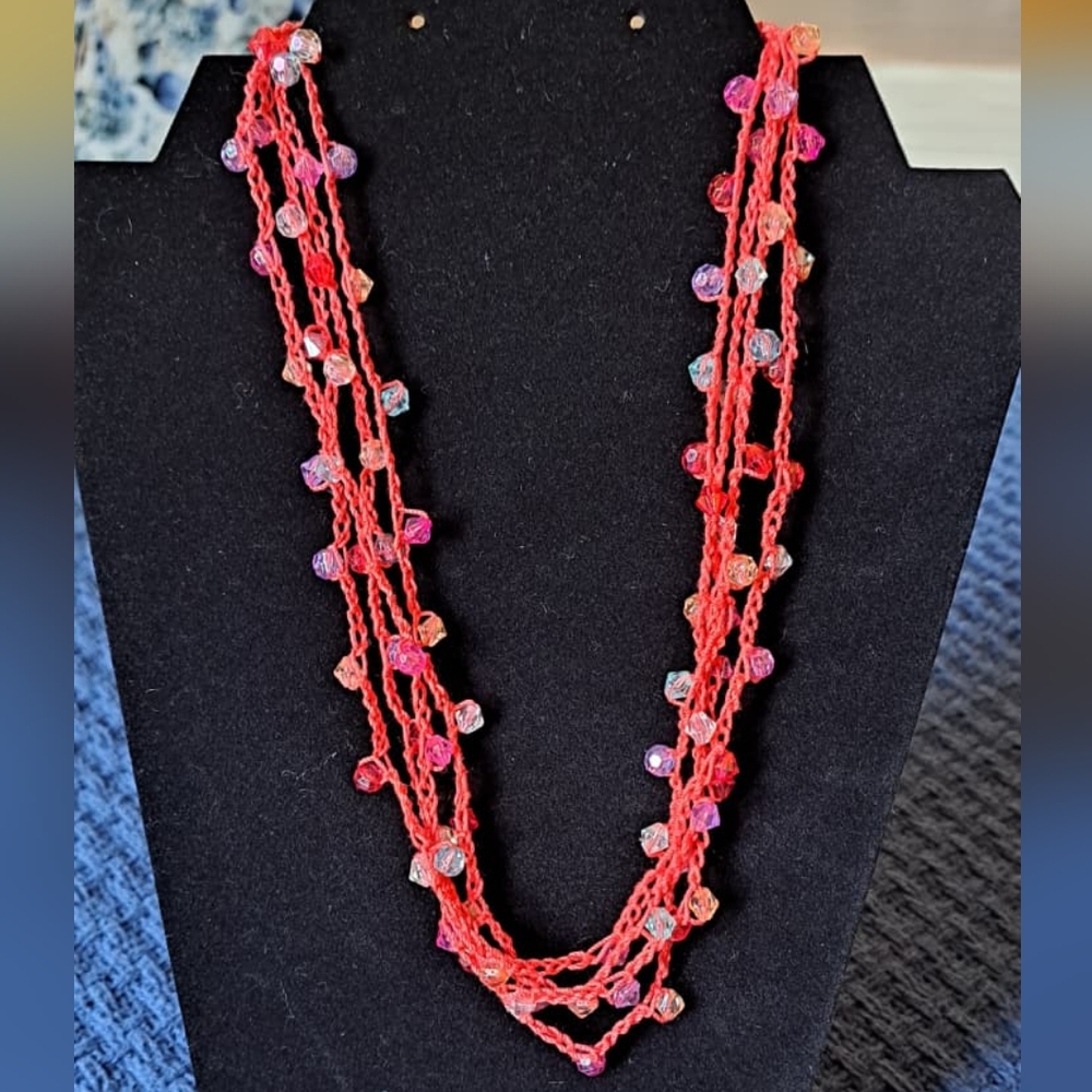 Long Salmon Pink Crochet Beaded Necklace